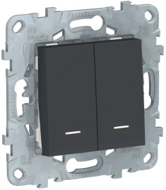 NU521154N UNICA NEW выключатель 2-клавишный, 2 модуля, с подсветкой, 2 х сх. 1а, антрацит