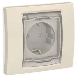 NU003744 UNICA NEW розетка с заземл., со шторками, с крышкой, IP44, бежевый
