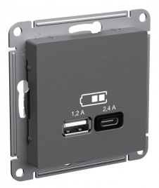 ATN001439 ATLASDESIGN USB РОЗЕТКА A+С, 5В/2,4А, 2х5В/1,2А, механизм, БАЗАЛЬТ