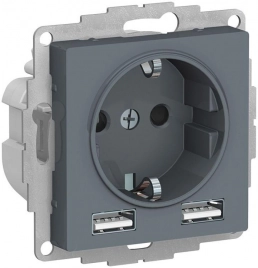 ATN000730 ATLASDESIGN РОЗЕТКА 16А c 2 USB A+A, 5В/2,4А, 2х5В/1,2А, механизм, ГРИФЕЛЬ