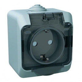 PA16-044C Розетка 2К+З, со шторками IP44, серый, О/У (уп.12 шт.)