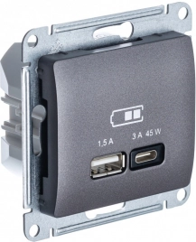 GSL001329 GLOSSA USB РОЗЕТКА А + тип-С 45Вт высокоскор.заряд. QC, PD, механизм, ГРАФИТ ***снято с поставок