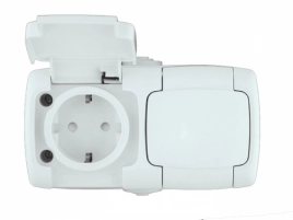 RA16-227B-BI РОЗЕТКА «РОНДО IP44» О/У 2-Я С ЗК (250В, 16А, ЗАЩИТН. ШТОРКИ) БЕЛЫЙ