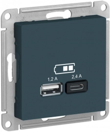 ATN000839 ATLASDESIGN USB РОЗЕТКА A+С, 5В/2,4 А, 2х5В/1,2 А, механизм, ИЗУМРУД