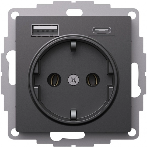ATN001432 ATLASDESIGN РОЗЕТКА 16А с 2 USB A+C, 5В/2,4А/3,0А, 2х5В/1,5А, механизм, БАЗАЛЬТ фото 1