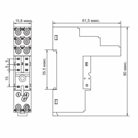 SRC08-E Цоколь 2CO 12A(300V), винтовой зажим, черный, на рейку DIN35/панель, для R2G, RM84, RM85, RMP84, RMP85, 41.52, RSB (аналог RSZE1S48M) фото 3