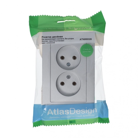ATN000320 ATLASDESIGN РОЗЕТКА двойная без заземления,16А, в сборе, АЛЮМИНИЙ фото 2