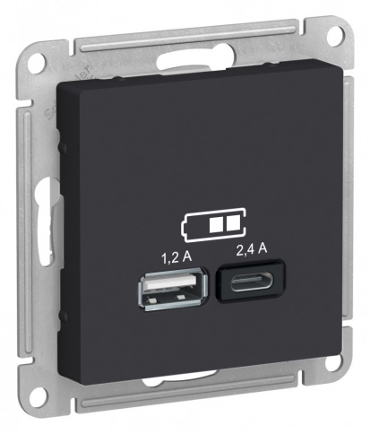 ATN001039 ATLASDESIGN USB РОЗЕТКА A+С, 5В/2,4А, 2х5В/1,2 А, механизм, КАРБОН фото 6