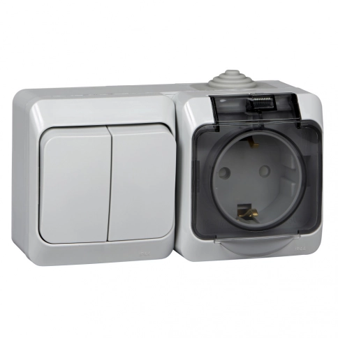 BPA16-242C ЭТЮД IР44 О/У БЛОК: РОЗ. з/к со шт. 16А 250B, ВЫКЛ.2-клав.10А, СЕРЫЙ, Россия фото 1