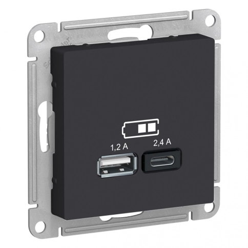 ATN001039 ATLASDESIGN USB РОЗЕТКА A+С, 5В/2,4А, 2х5В/1,2 А, механизм, КАРБОН фото 1