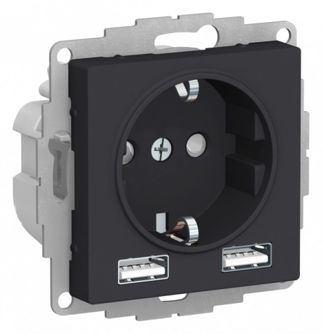 ATN001030 ATLASDESIGN РОЗЕТКА 16А c 2 USB A+A, 5В/2,4А, 2х5В/1,2 А, механизм, КАРБОН фото 2