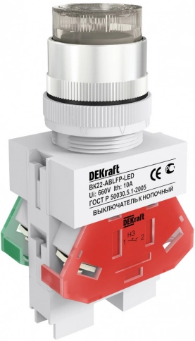 25137DEK Выкл. кноп. с фикс. ABFP ?22 мм бел. LED 220В ВK-22 DEKraft фото 2