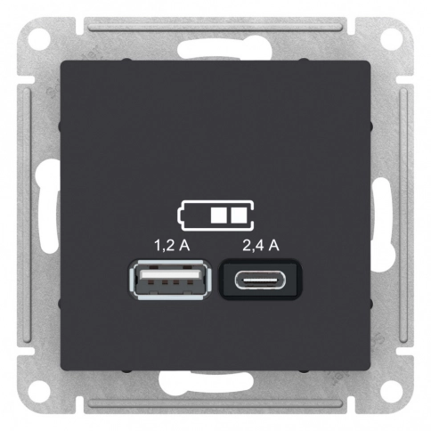 ATN001039 ATLASDESIGN USB РОЗЕТКА A+С, 5В/2,4А, 2х5В/1,2 А, механизм, КАРБОН фото 3
