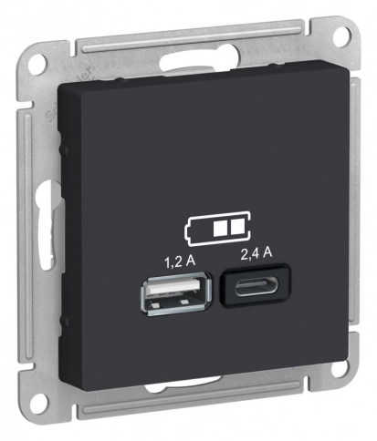 ATN001039 ATLASDESIGN USB РОЗЕТКА A+С, 5В/2,4А, 2х5В/1,2 А, механизм, КАРБОН фото 2