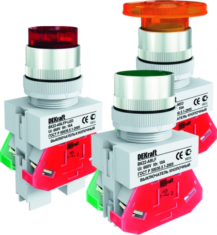 25137DEK Выкл. кноп. с фикс. ABFP ?22 мм бел. LED 220В ВK-22 DEKraft фото 1